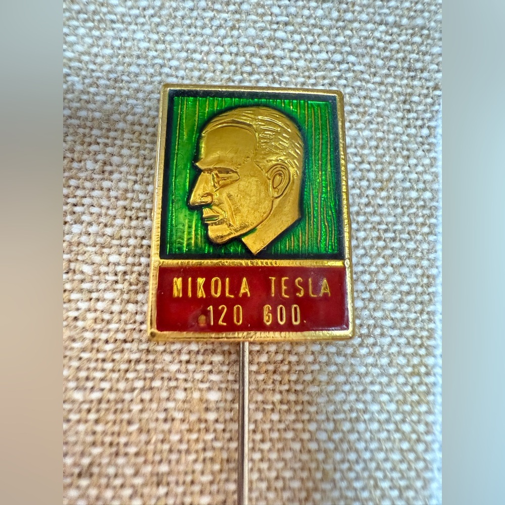 Vintage Nikola Tesla Pin with Gold and Green Accents Rare